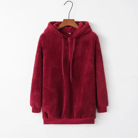 Quarter-Zip Drawstring Teddy Hoodie Bazaarbey