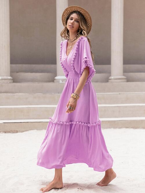 Tassel Trim Smocked V-Neck Short Sleeve Dress Bazaarbey