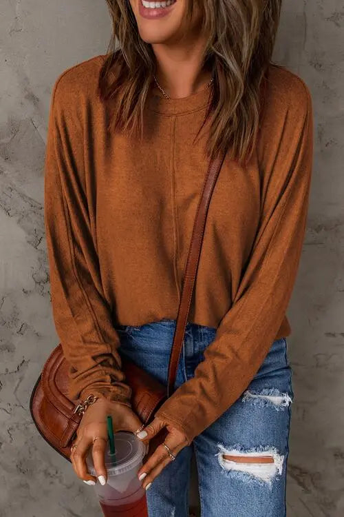 Seam Detail Round Neck Long Sleeve Top Trendsi