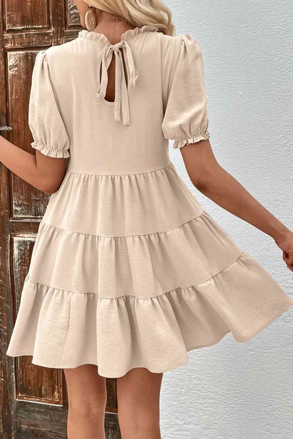 Puff Sleeve Tie Back Tiered Dress -BazaarBey - www.shopbazaarbey.com