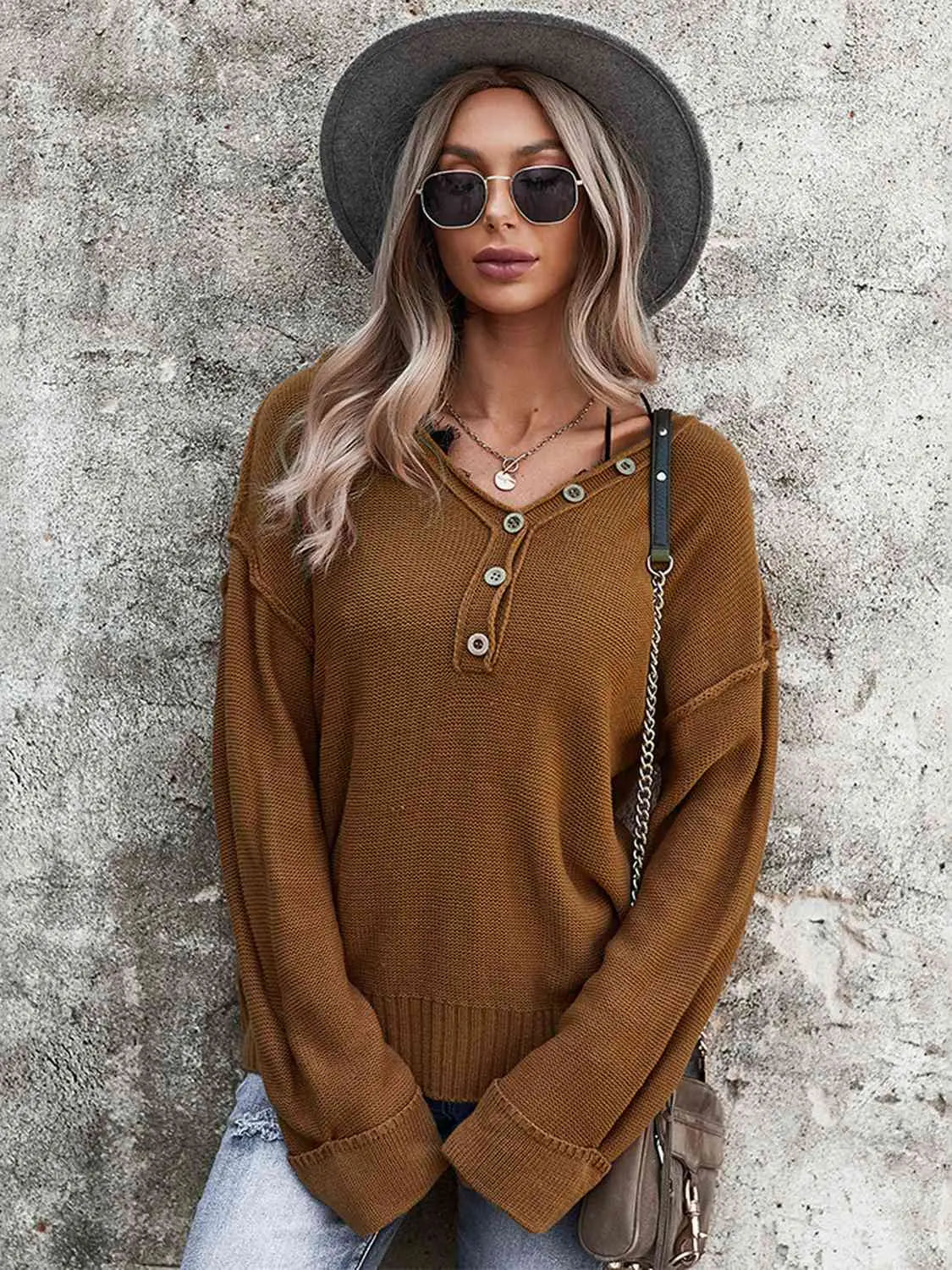 Buttoned Exposed Seam Knit Top Trendsi