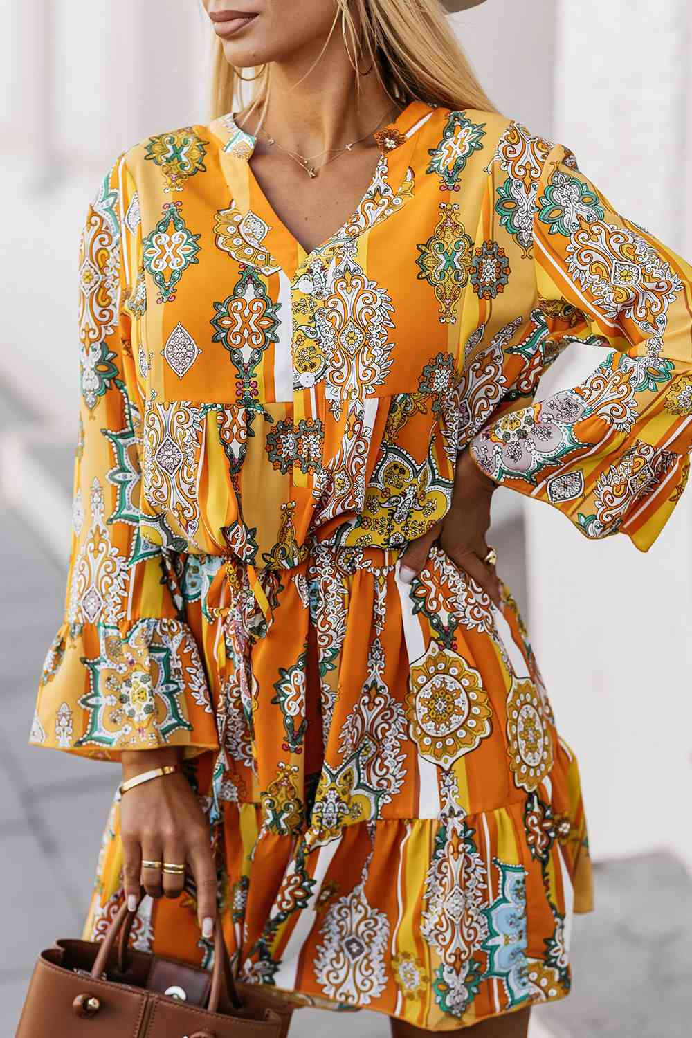 Printed Notched Neck Flounce Sleeve Dress -BazaarBey - www.shopbazaarbey.com