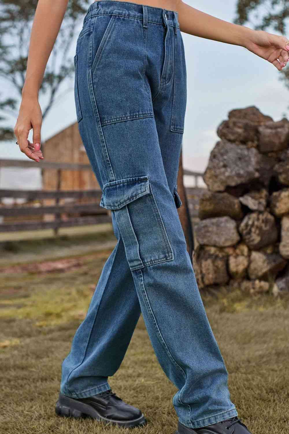 Loose Fit Long Jeans with Pockets Bazaarbey