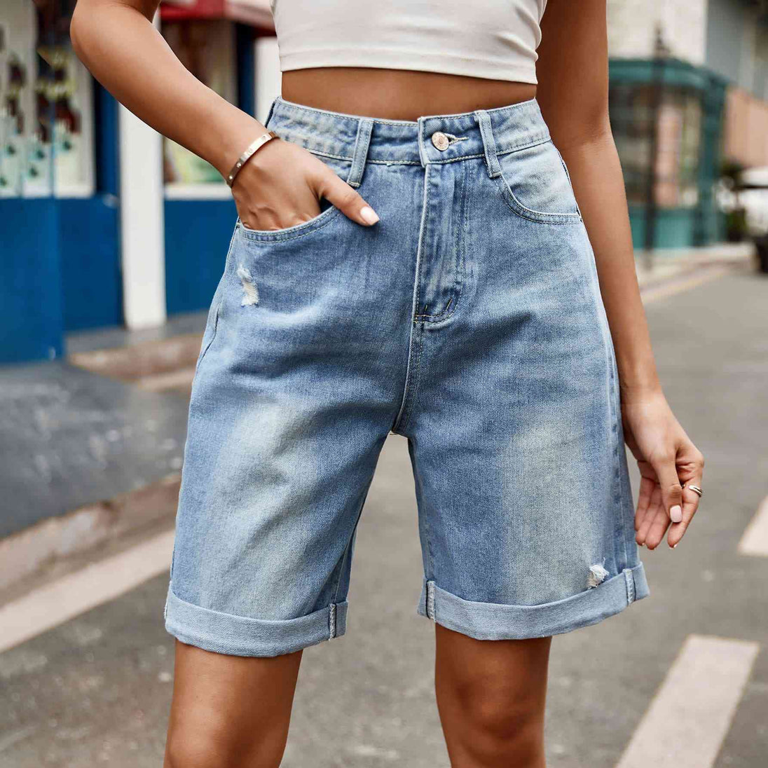 Distressed Buttoned Denim Shorts with Pockets Bazaarbey