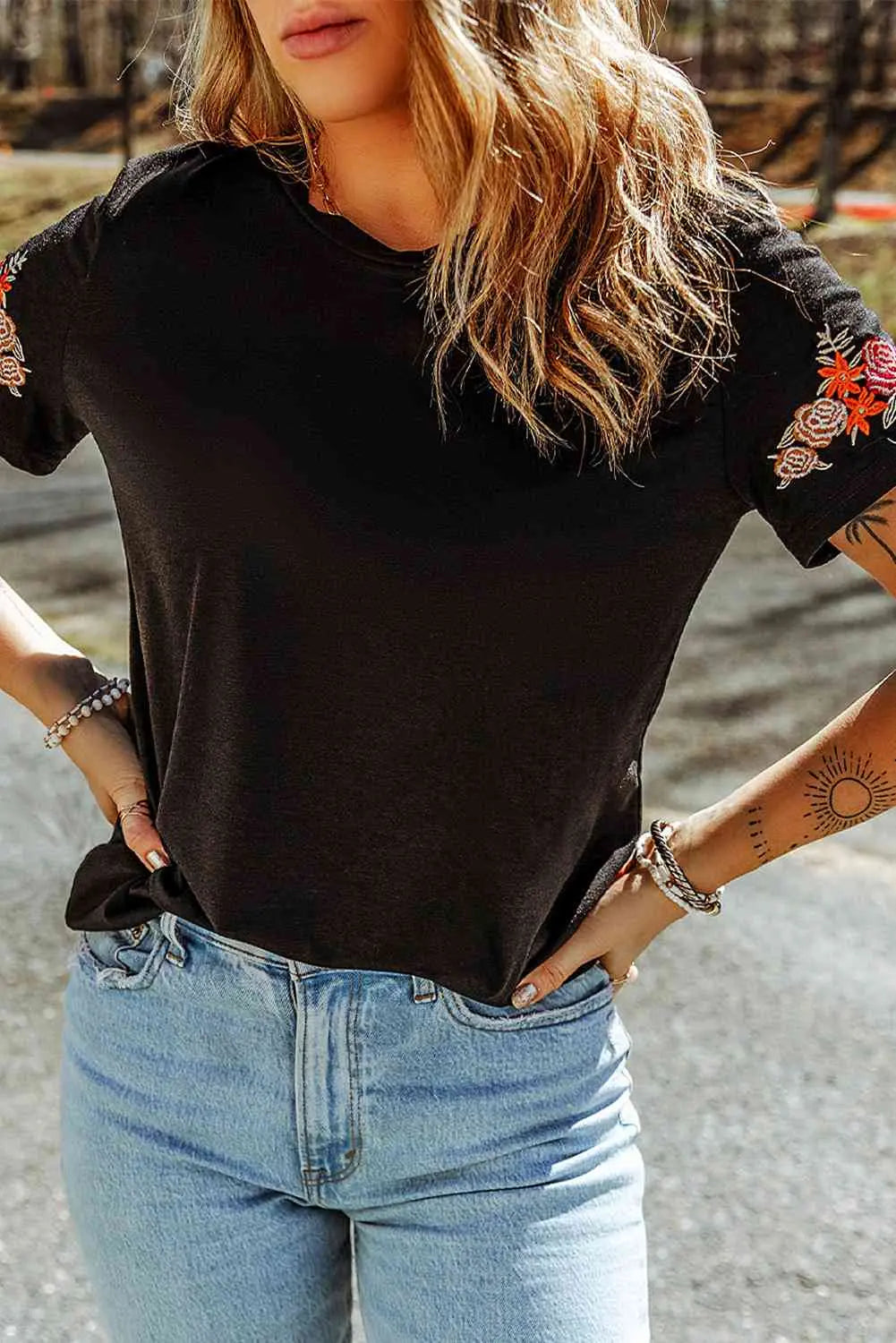 Embroidered Round Neck Tee Shirt Trendsi