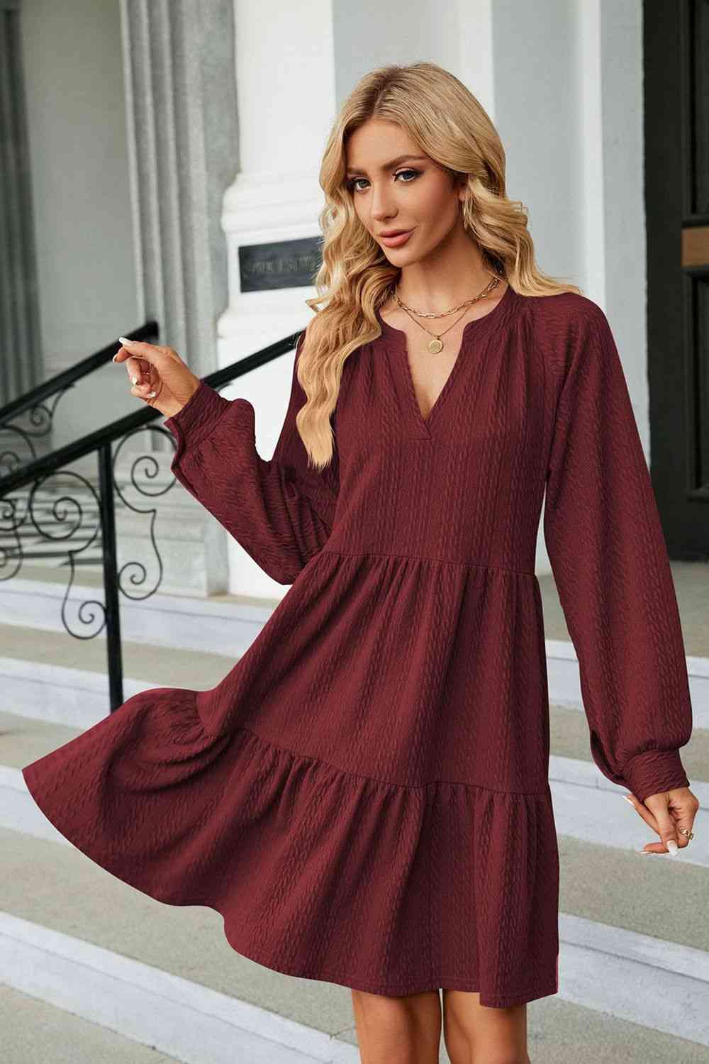 Notched Neck Long Sleeve Mini Dress Bazaarbey