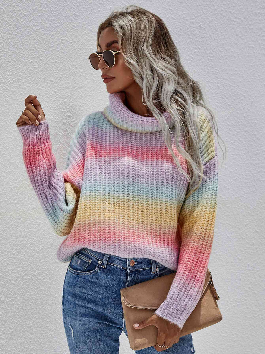 Rainbow Rib-Knit Turtleneck Drop Shoulder Sweater Trendsi