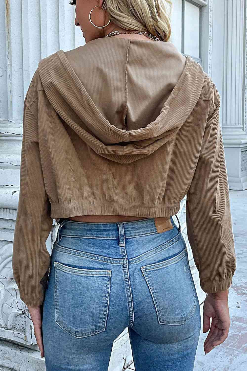 Zip-Up Corduroy Cropped Hooded Jacket Bazaarbey