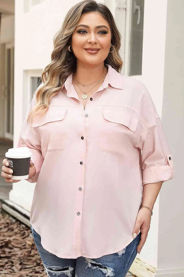 Plus Size Collared Neck Button Front Long Sleeve Shirt Bazaarbey