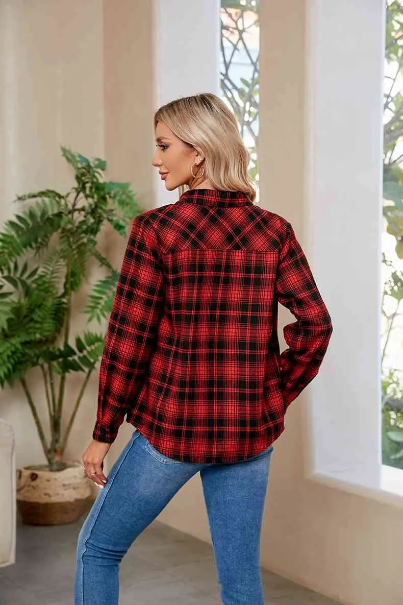 Plaid Curved Hem Long Sleeve Shirt Bazaarbey