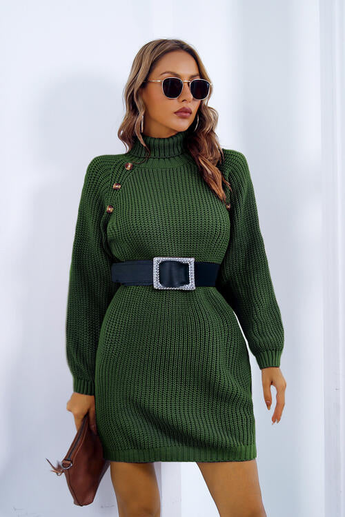 Buttoned Turtleneck Long Sleeve Sweater Dress Bazaarbey