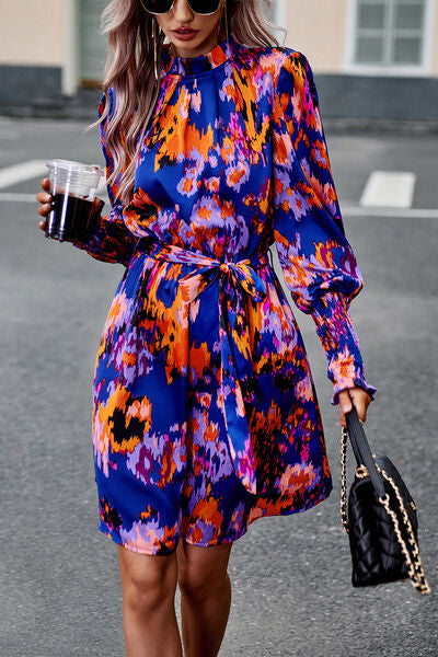 Printed Tie Waist Mock Neck Lantern Sleeve Dress -BazaarBey - www.shopbazaarbey.com