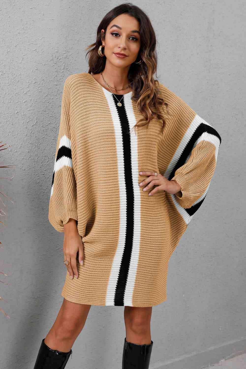 Ribbed Round Neck Long Sleeve Sweater Dress Bazaarbey