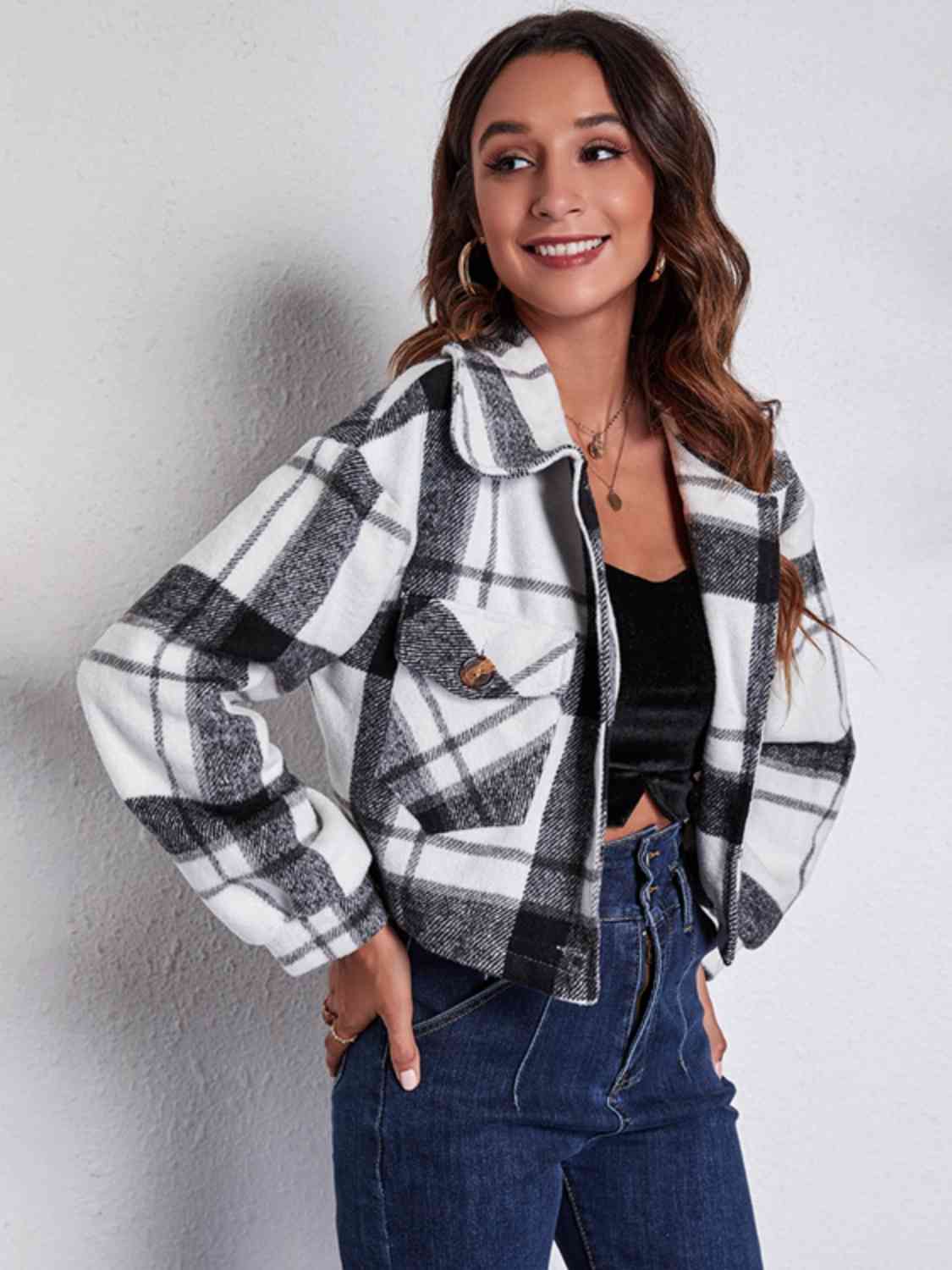 Plaid Button Front Jacket with Pockets Trendsi