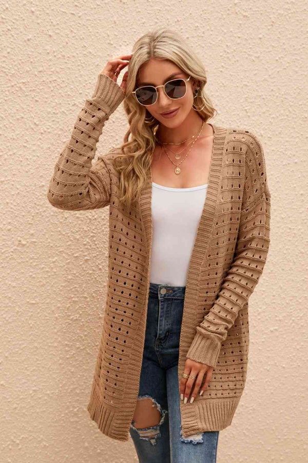 BazaarBey Openwork Horizontal Ribbing Open Front Cardigan Trendsi