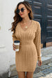 Cable-Knit V-Neck Long Sleeve Mini Sweater Dress Bazaarbey