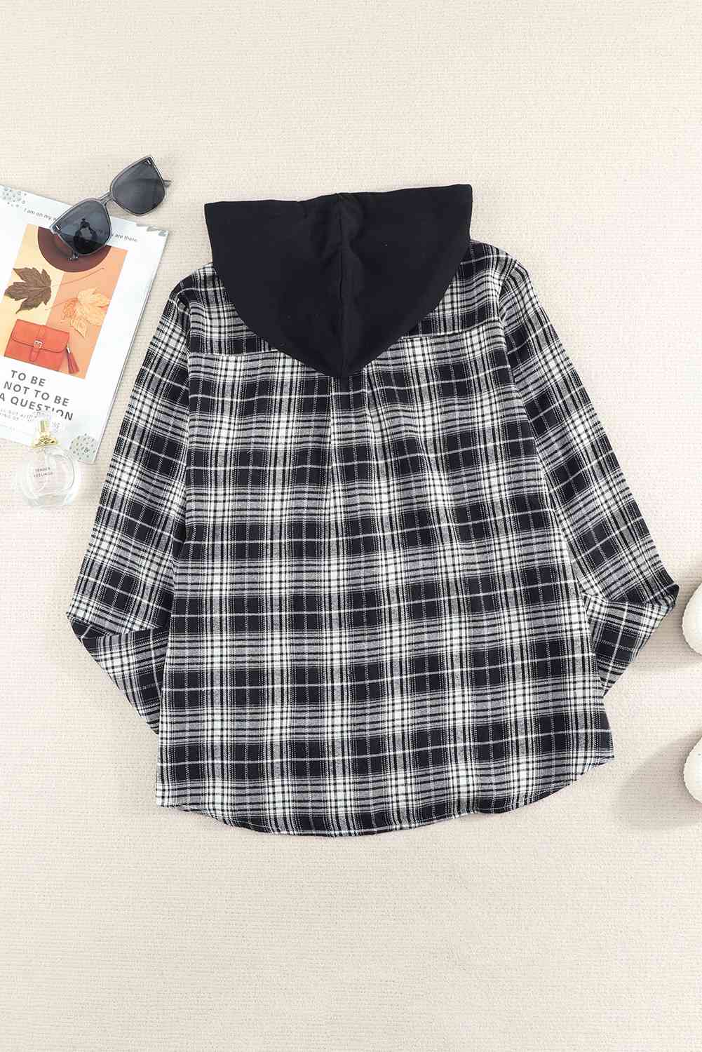 Plaid Drawstring Hooded Shirt Jacket Trendsi