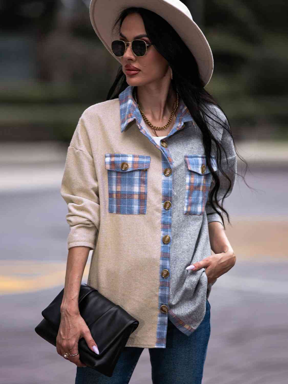 Plaid Contrast Drop Shoulder Shacket Bazaarbey