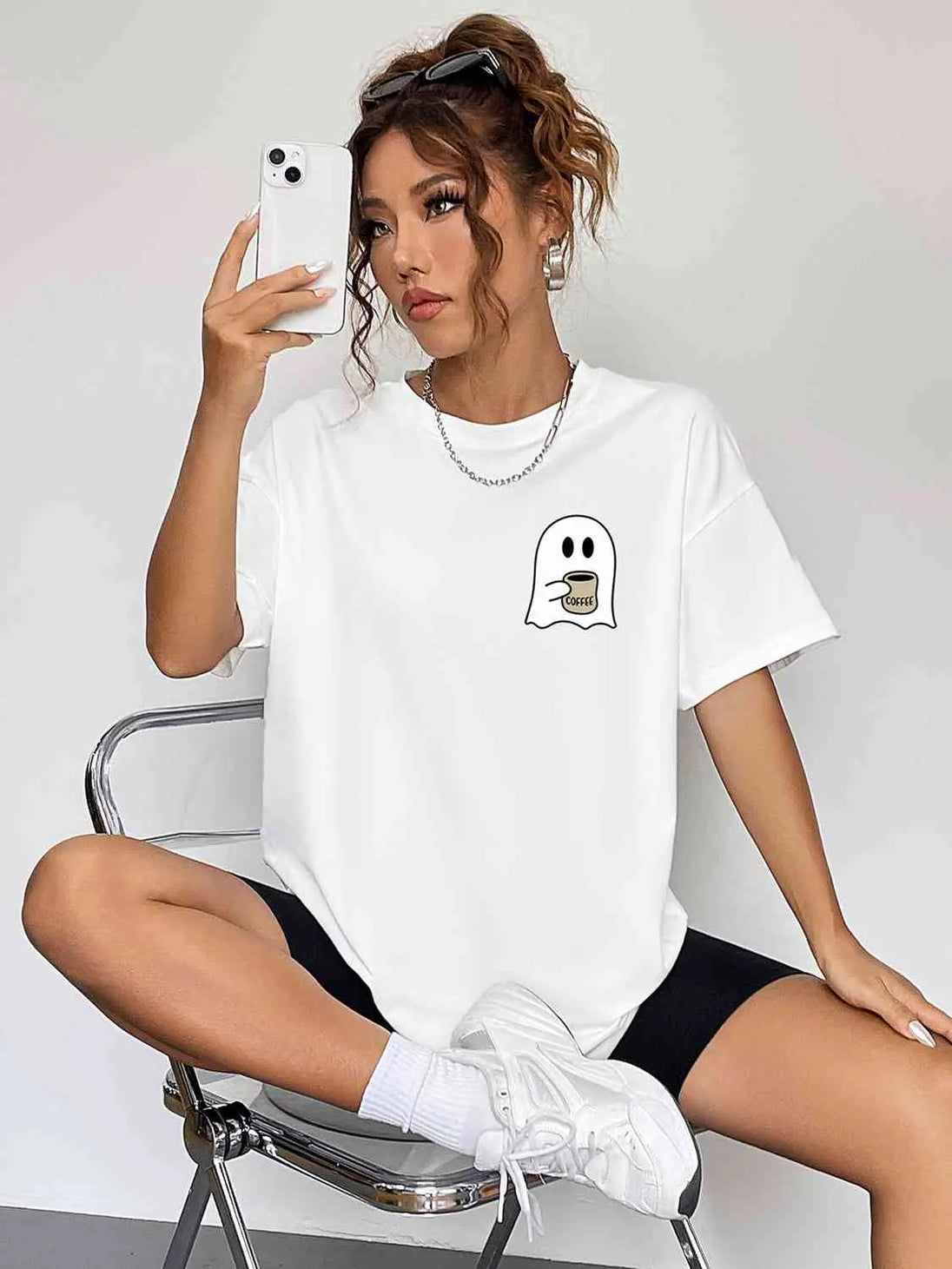 Round Neck Short Sleeve Ghost Graphic T-Shirt Bazaarbey