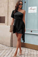 Tied One-Shoulder Puff Sleeve Dress -BazaarBey - www.shopbazaarbey.com