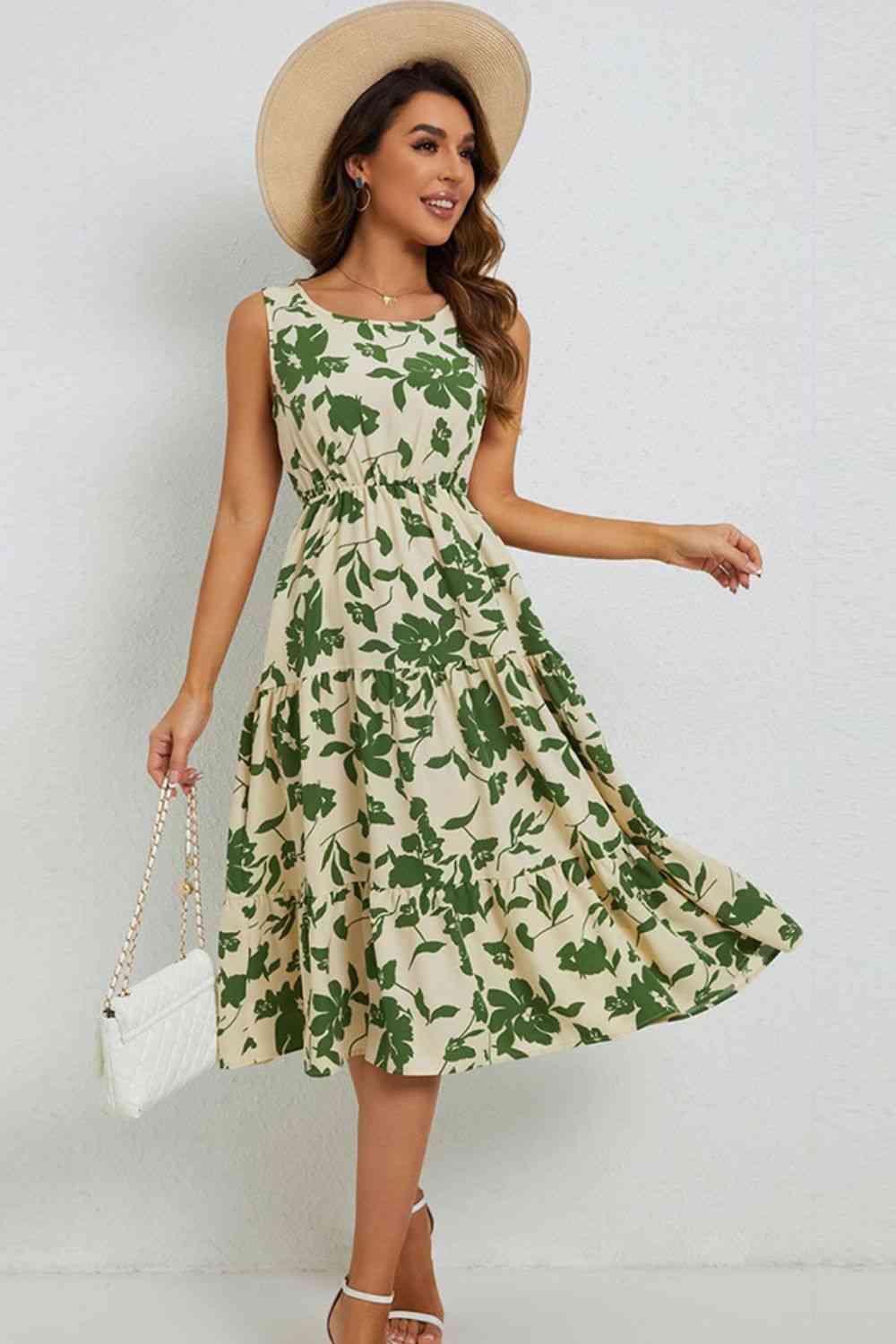 Floral Round Neck Tiered Sleeveless Dress -BazaarBey - www.shopbazaarbey.com