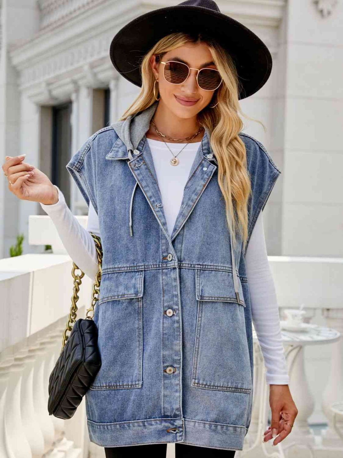 Hooded Sleeveless Denim Top with Pockets Bazaarbey