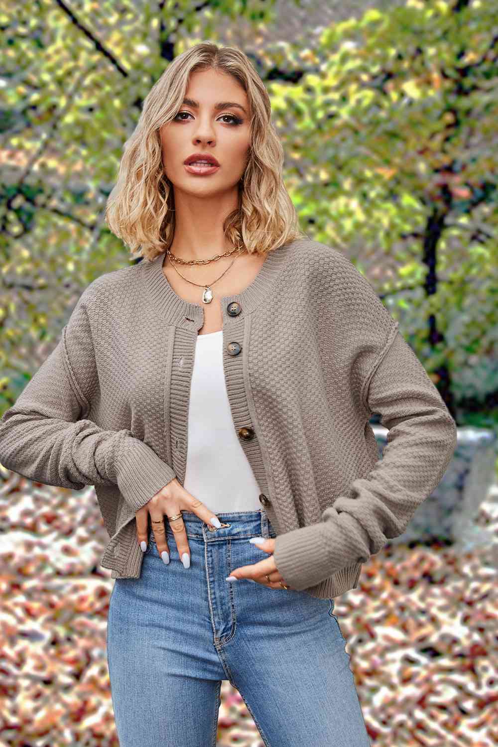 Button Up Round Neck Drop Shoulder Cardigan Trendsi