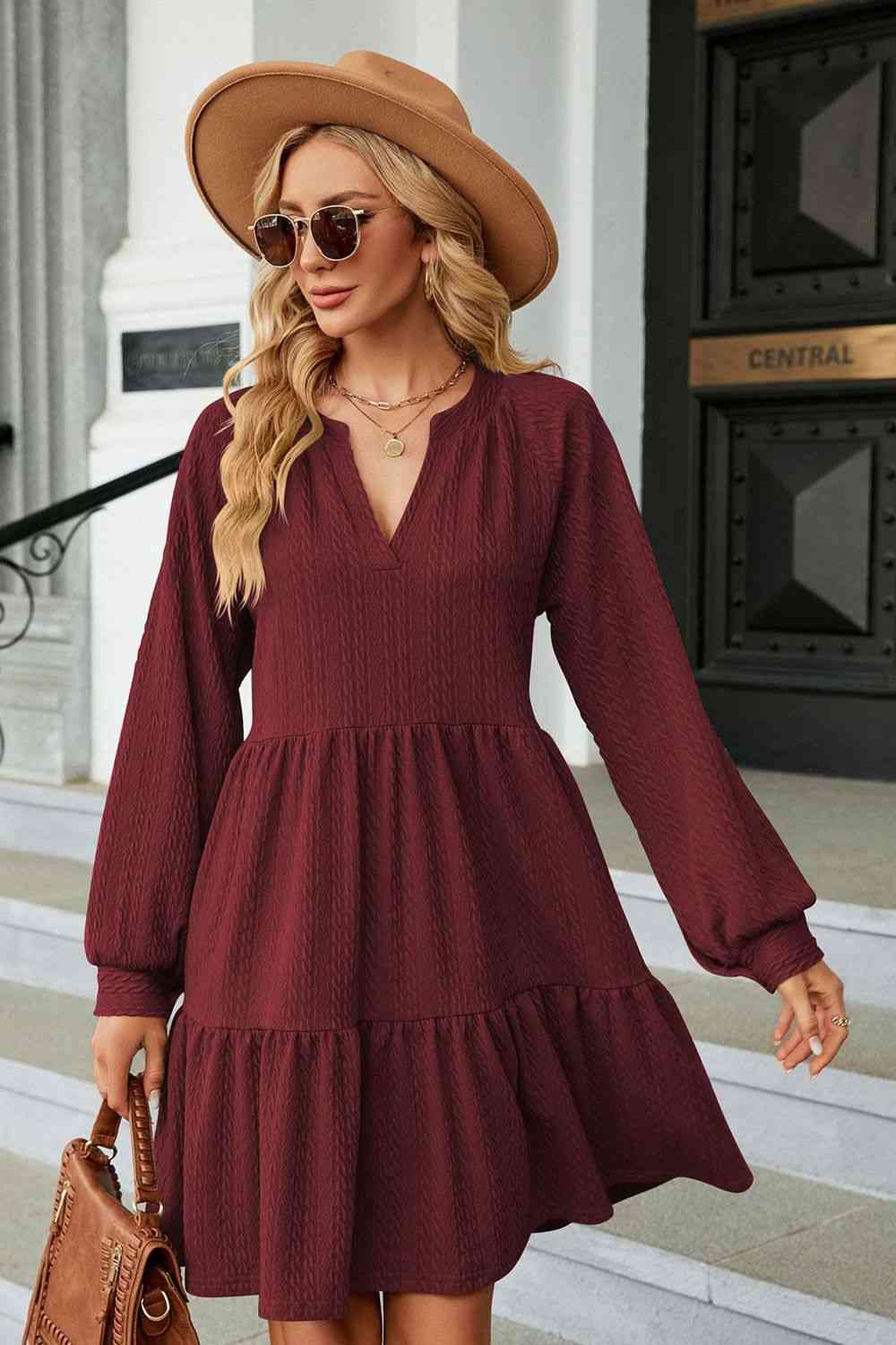 Notched Neck Long Sleeve Mini Dress Bazaarbey