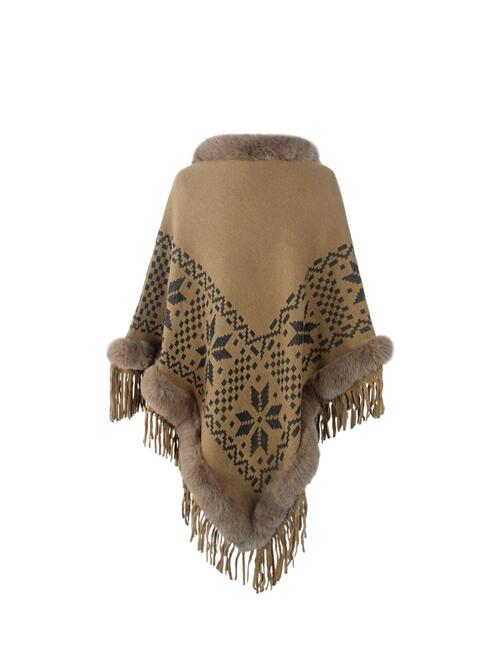 Fringe Geometric Cape Sleeve Poncho Bazaarbey