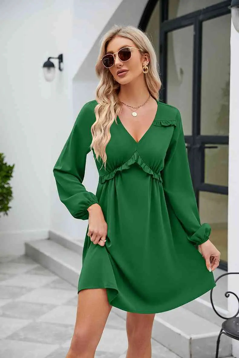 Frill Trim V-Neck Long Sleeve Dress -BazaarBey - www.shopbazaarbey.com