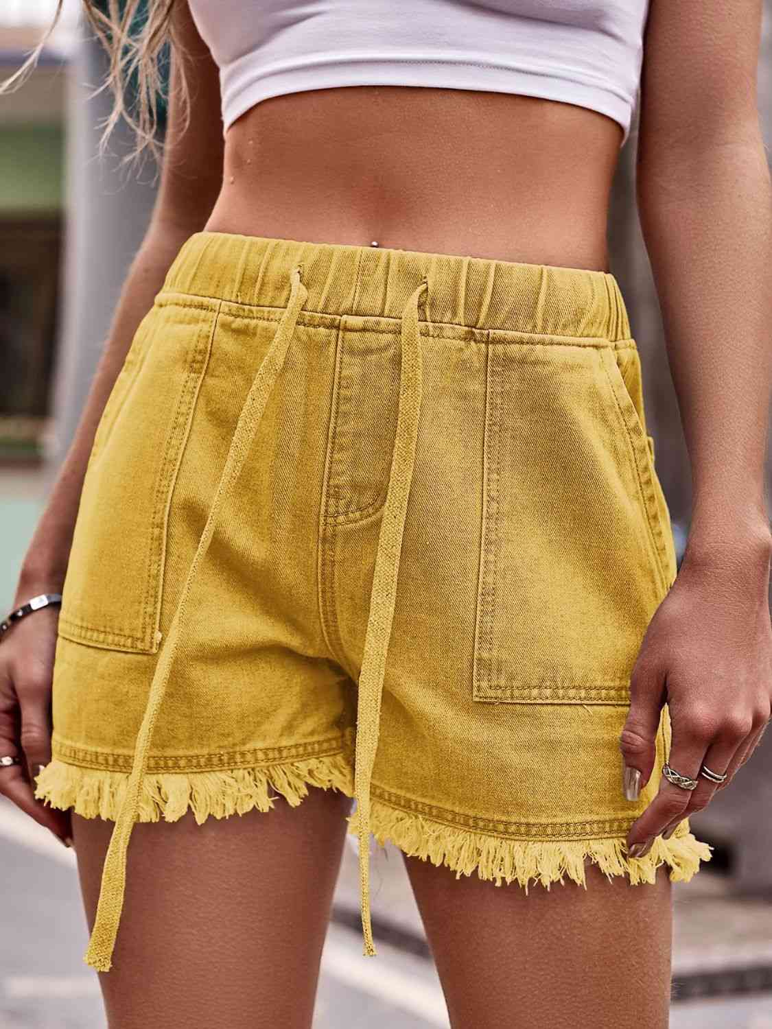 Drawstring Raw Hem Denim Shorts Bazaarbey