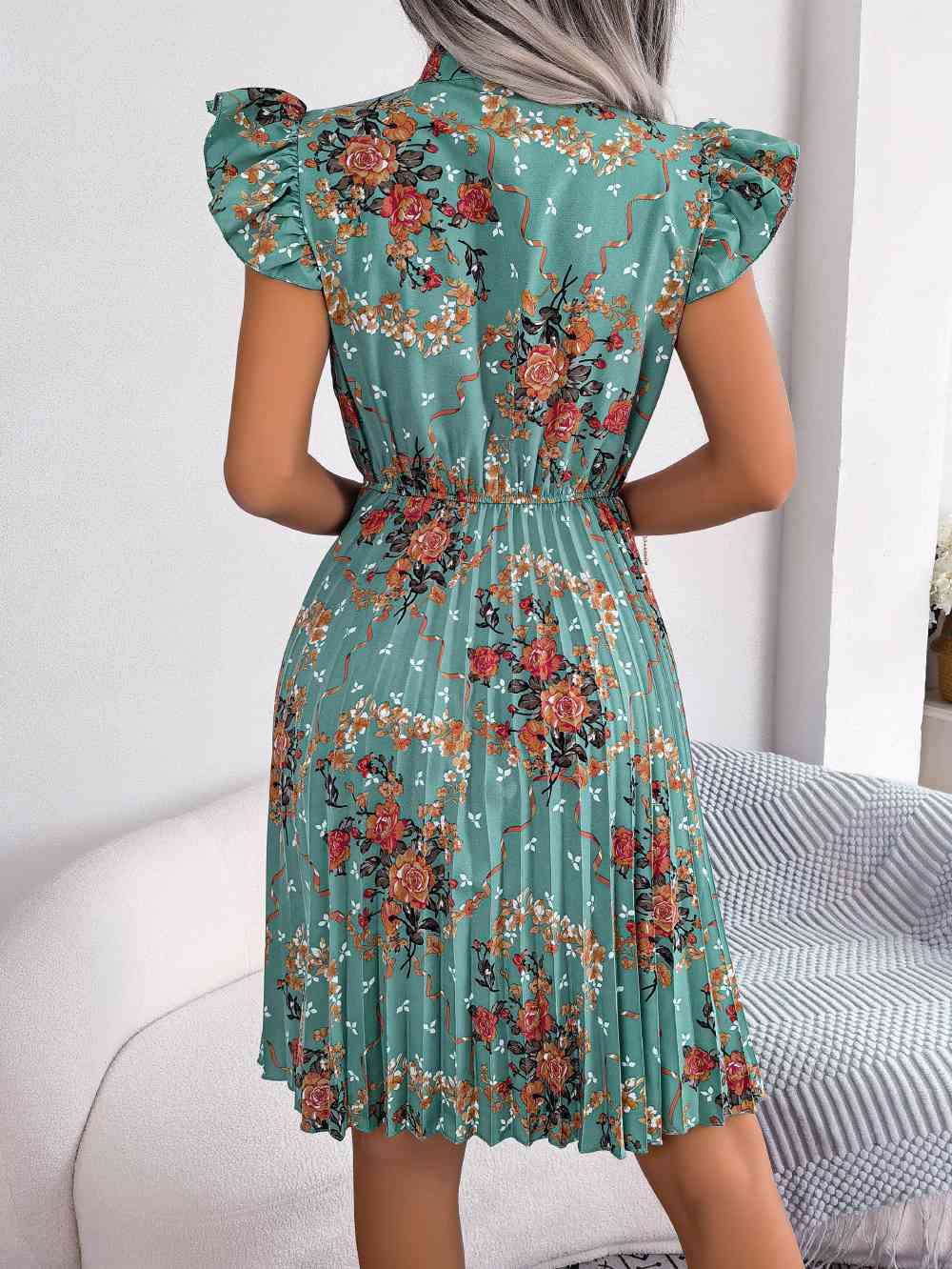 Pleated Floral Printed Tie Neck Knee Length Dress -BazaarBey - www.shopbazaarbey.com