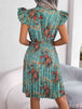 Pleated Floral Printed Tie Neck Knee Length Dress -BazaarBey - www.shopbazaarbey.com