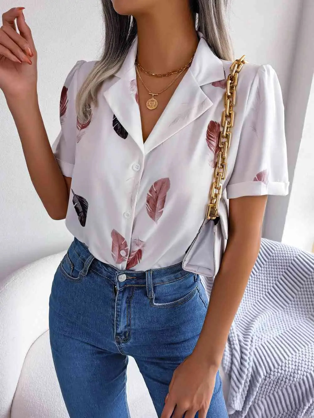 Feather Print Lapel Collar Puff Sleeve Shirt Bazaarbey