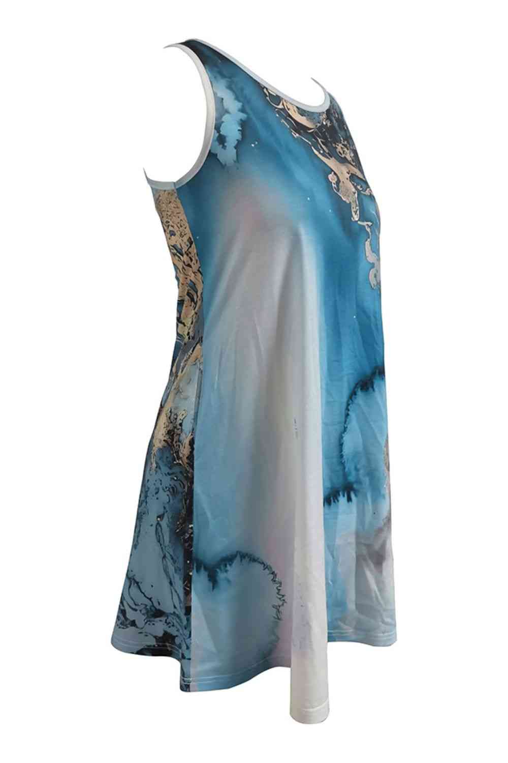 Abstract Print Round Neck Sleeveless Dress with Pockets -BazaarBey - www.shopbazaarbey.com