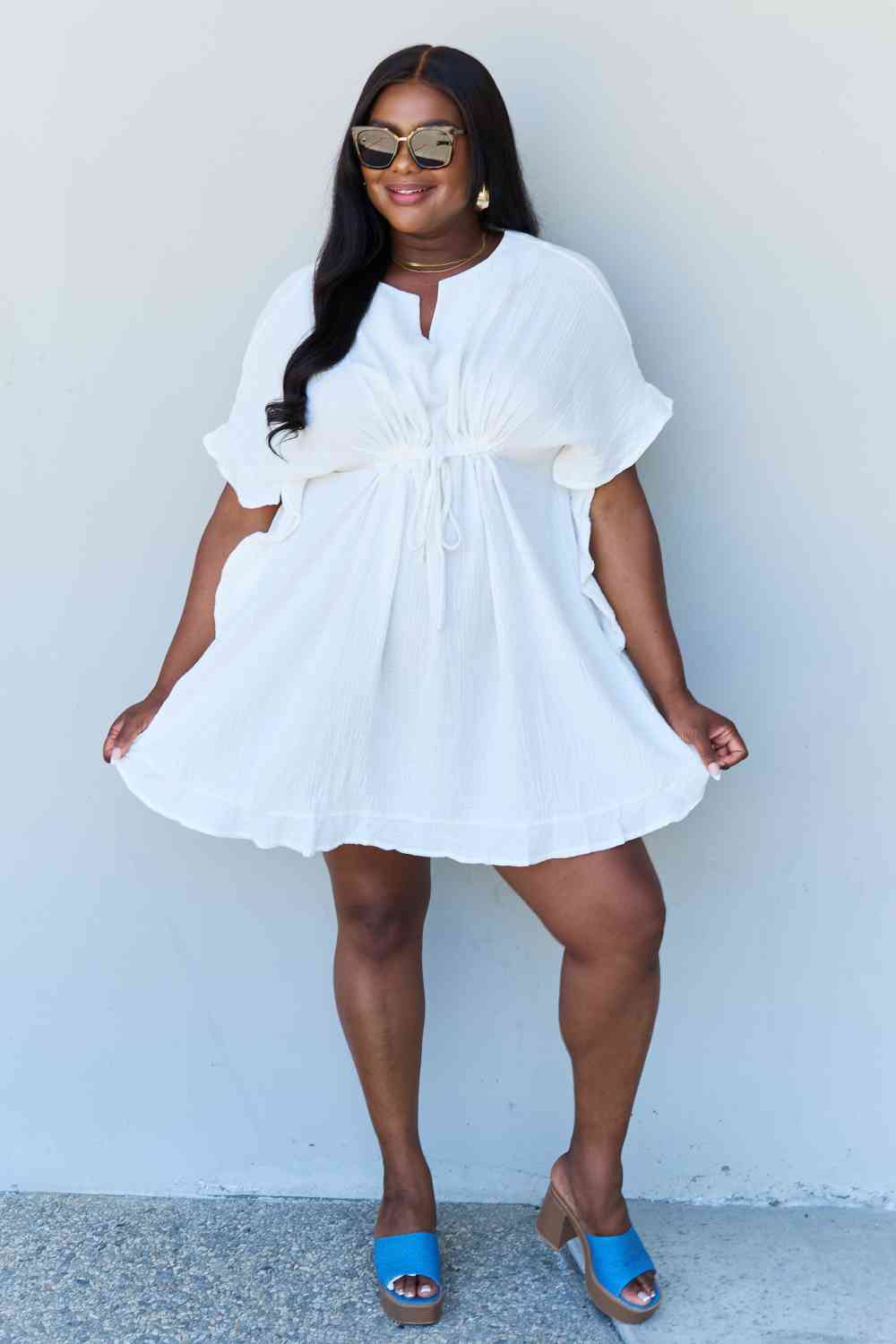 Ninexis Out Of Time Full Size Ruffle Hem Dress with Drawstring Waistband in White Bazaarbey