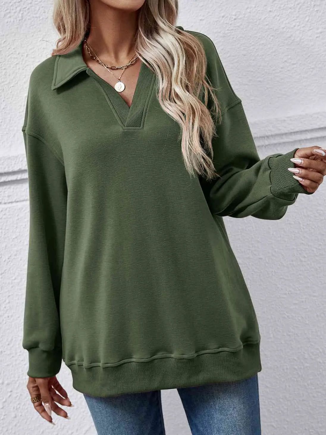 Collared Neck Dropped Shoulder Sweatshirt Bazaarbey