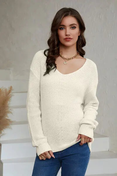 V-Neck Long Sleeve Knit Top Trendsi