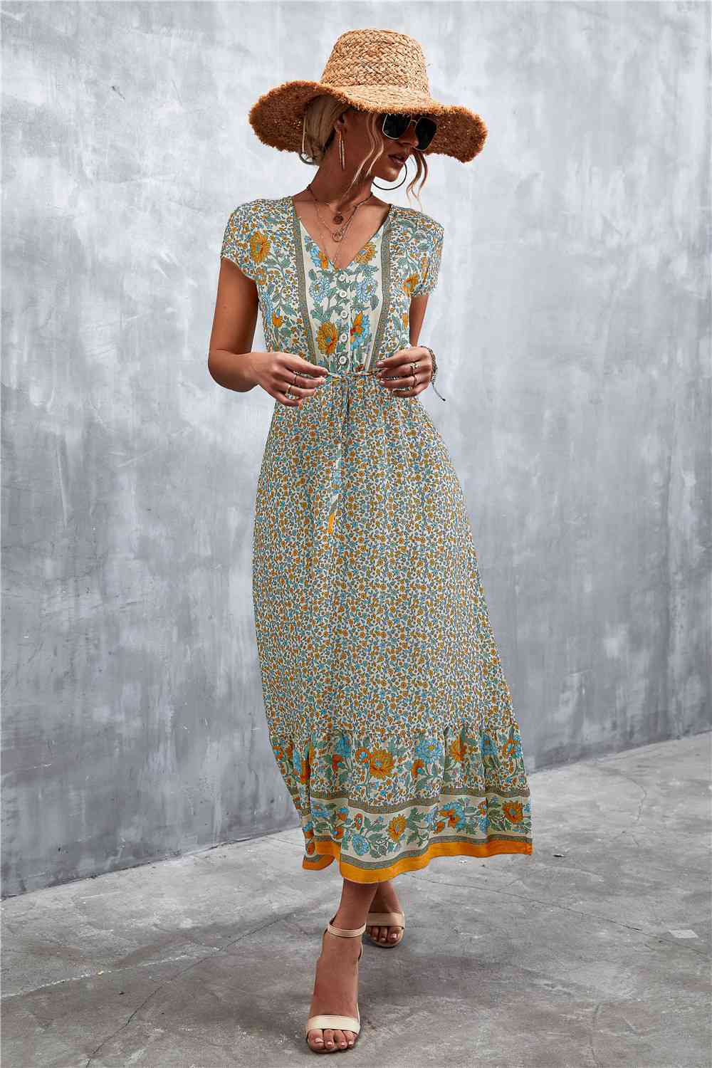 V-Neck Short Sleeve Printed Maxi Dress Bazaarbey