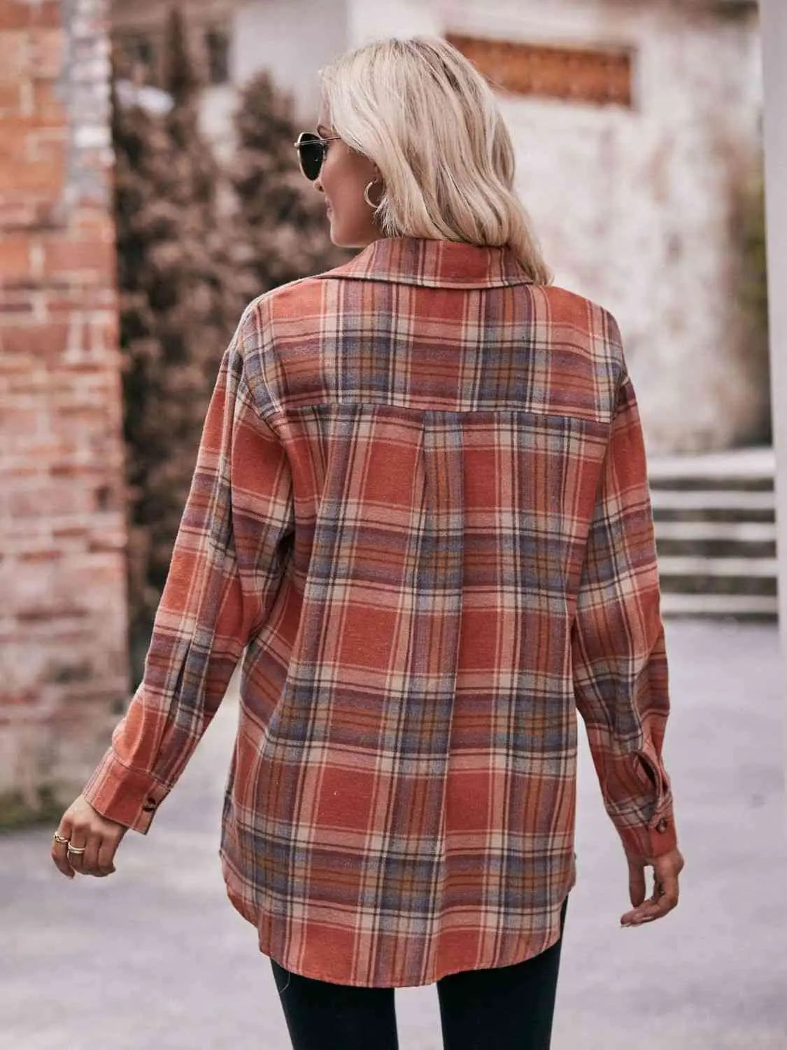 Plaid Dropped Shoulder Longline Shirt Trendsi