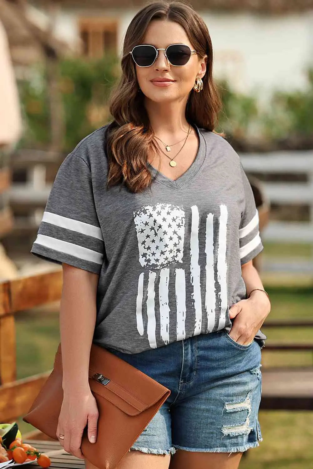 Plus Size US Flag Graphic V-Neck Tee Bazaarbey