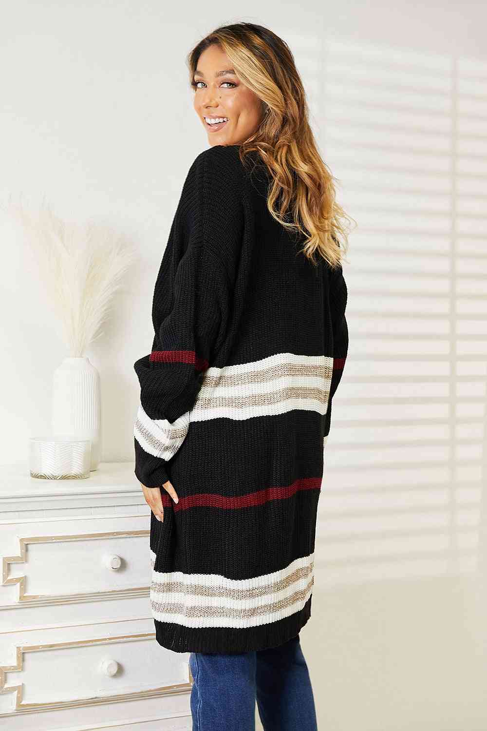  Striped Rib-Knit Drop Shoulder Open Front Cardigan Bazaarbey