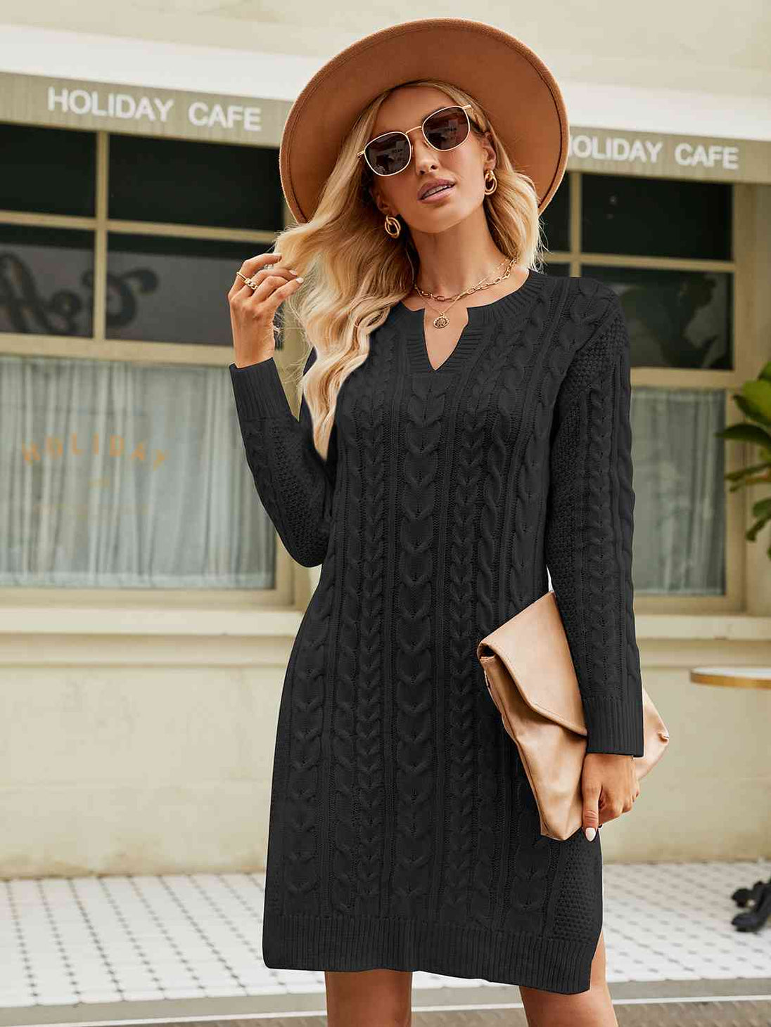 Notched Neck Cable-Knit Slit Sweater Dress Bazaarbey