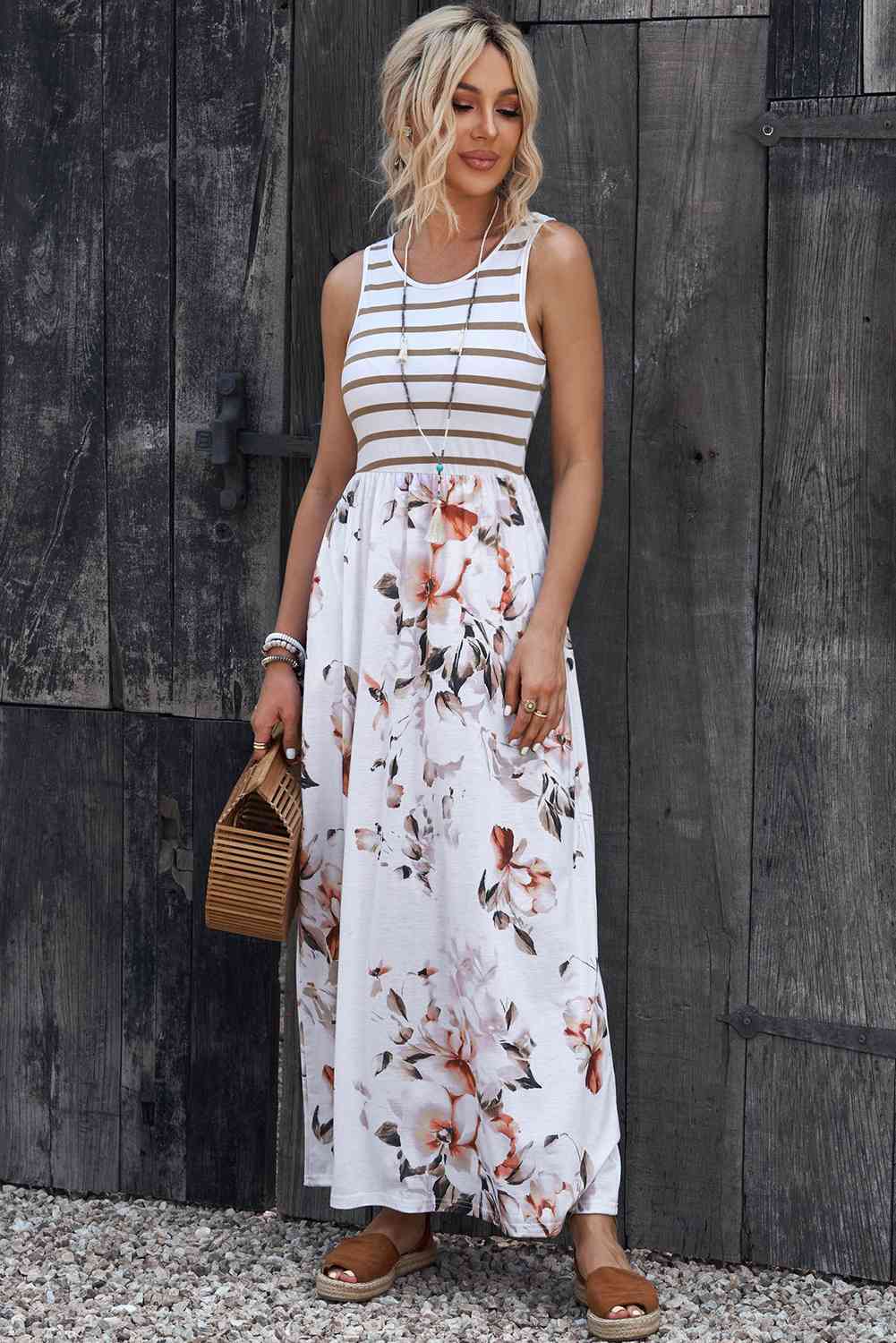 Striped Floral Round Neck Sleeveless Maxi Dress -BazaarBey - www.shopbazaarbey.com