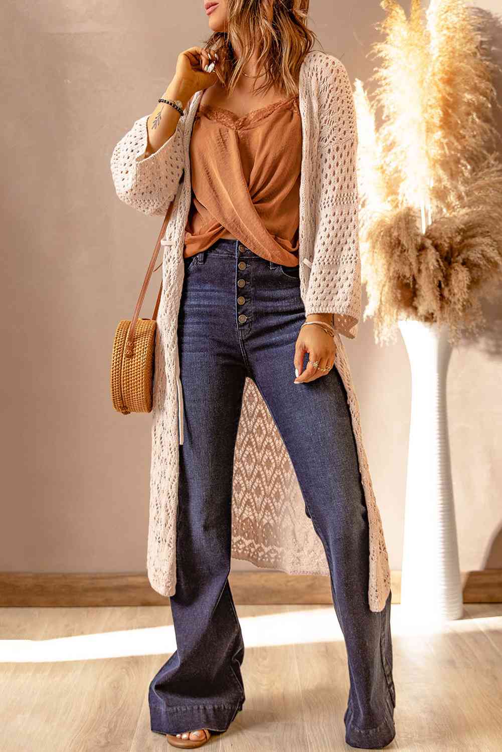 Dropped Shoulder Long Sleeve Crochet Duster Cardigan Trendsi