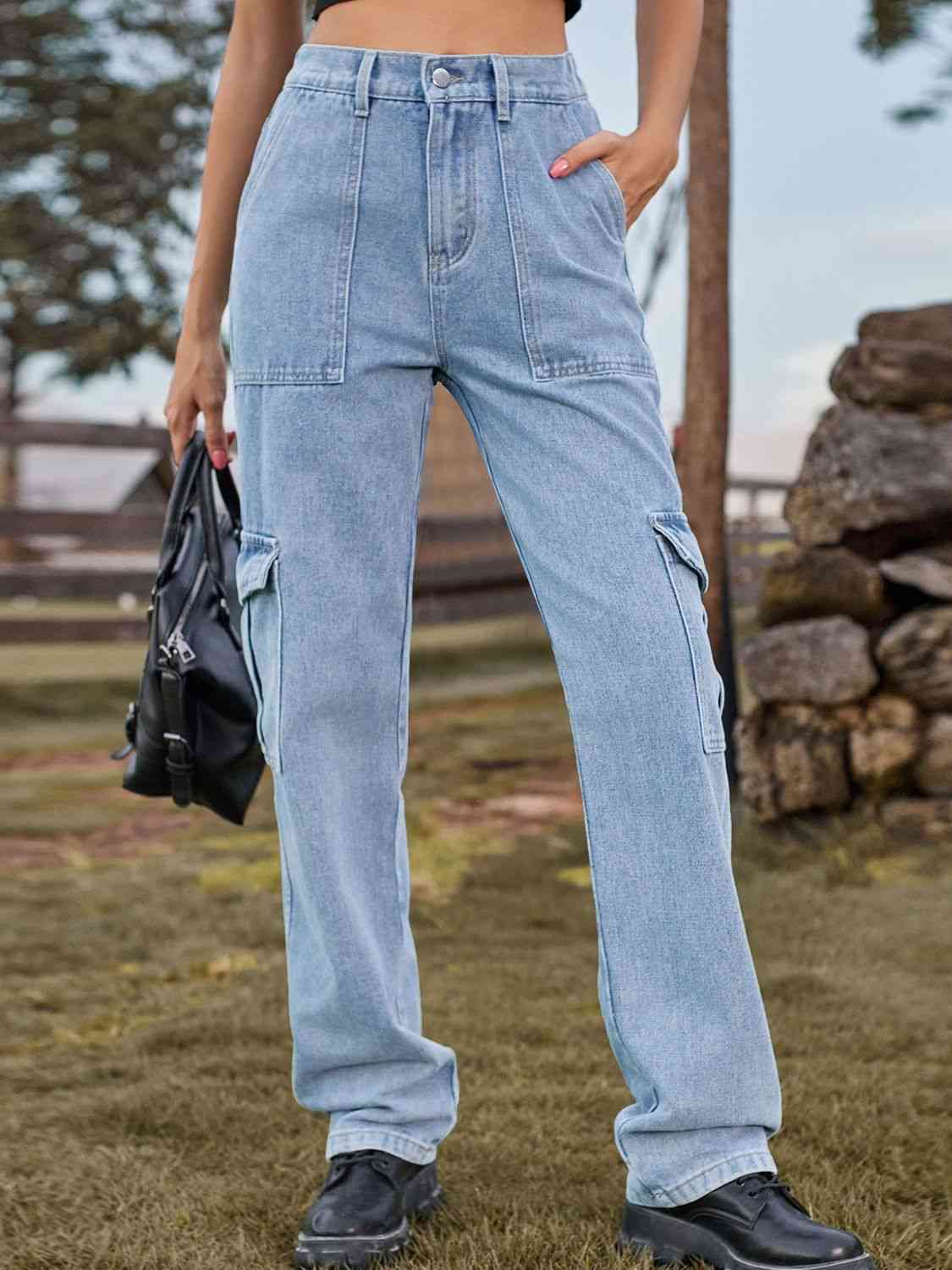 High Waist Cargo Jeans Trendsi