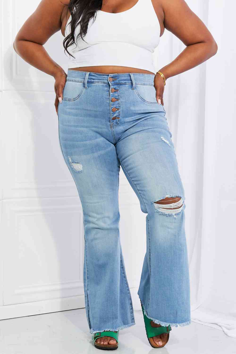 Vibrant MIU  Jess Button Flare Jeans Trendsi