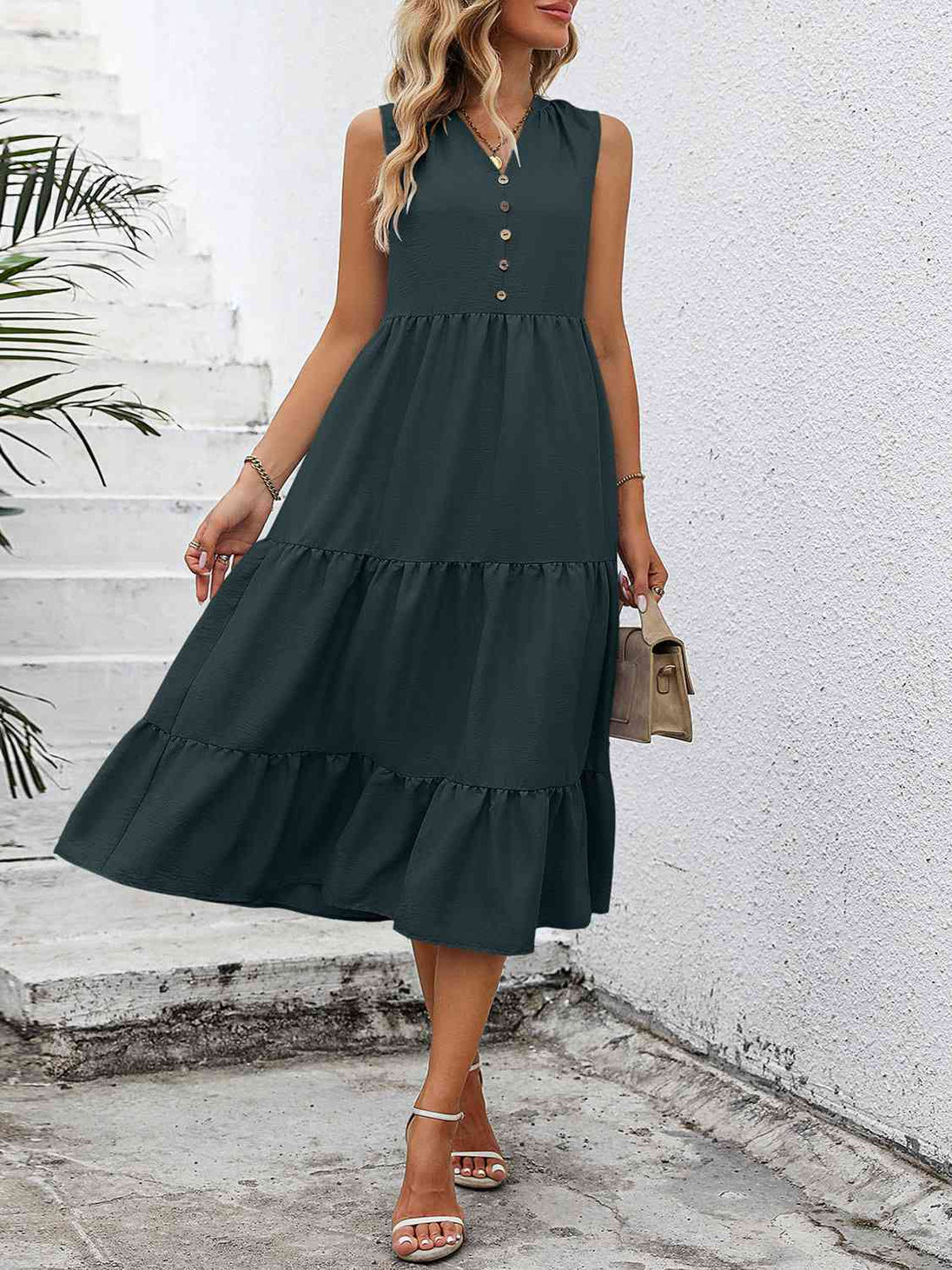 V-Neck Sleeveless Tiered Dress -BazaarBey - www.shopbazaarbey.com