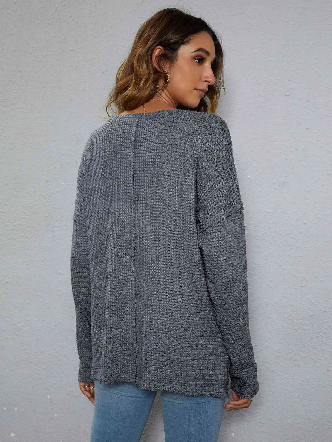 Dropped Shoulder High-Low Waffle-Knit Top Bazaarbey