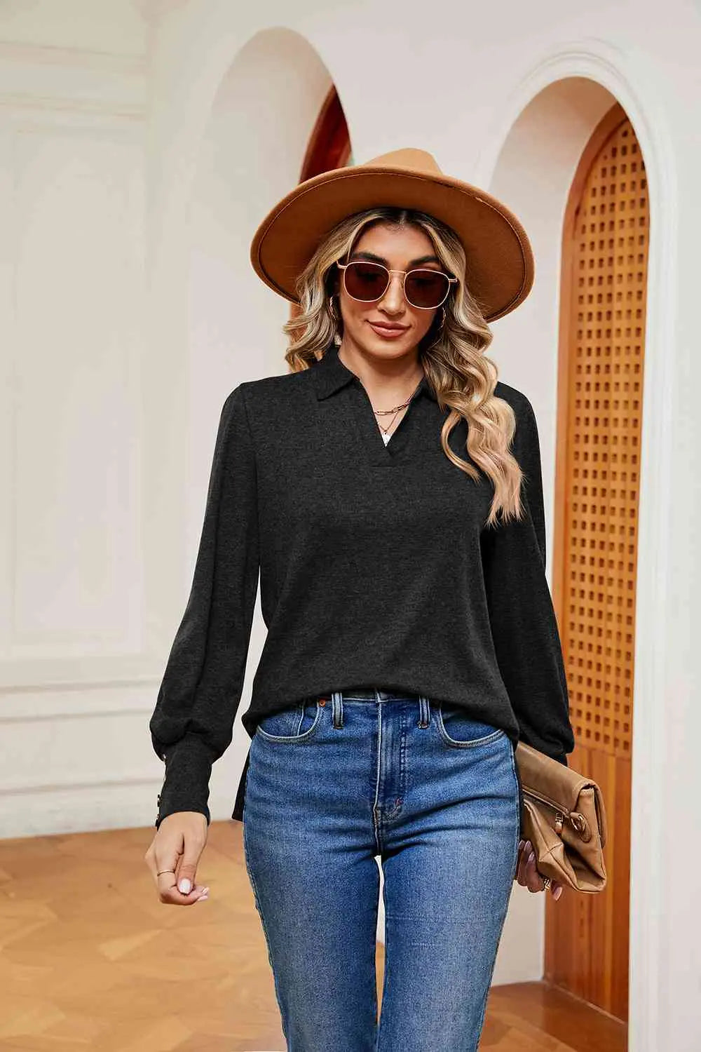 Johnny Collar Long Sleeve Top Bazaarbey